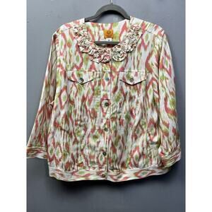 Ruby Rd Jacket‎ Women 16W Linen Blend Button-Up 3/4 Sleeve Beaded Neck Multi